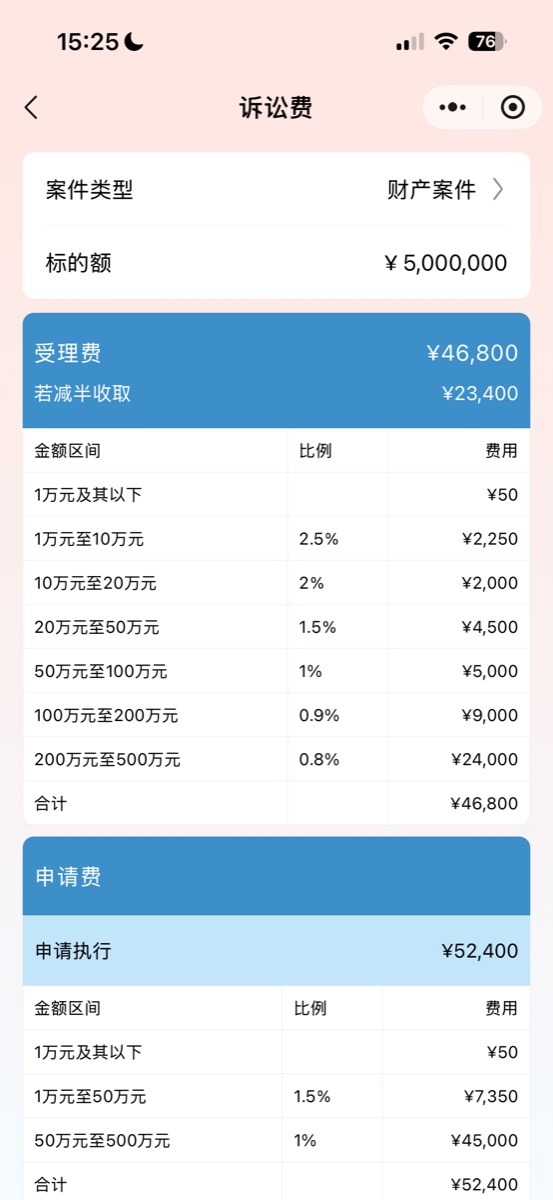 Court fee calculation result